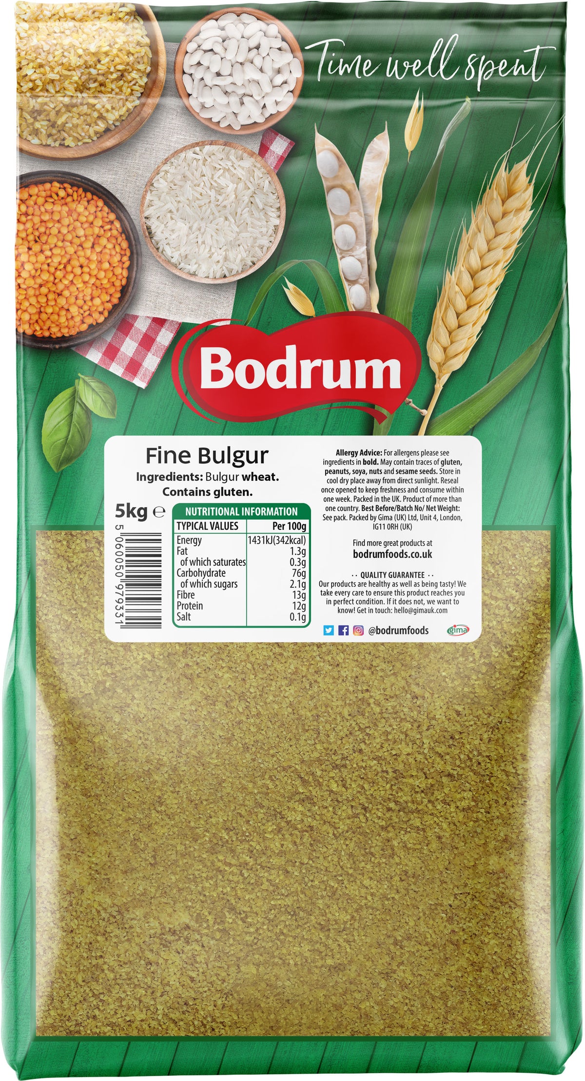 Bodrum fine bulgur package with ingredients and nutritional information on a green background