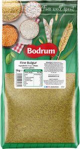 Bodrum fine bulgur package with ingredients and nutritional information on a green background