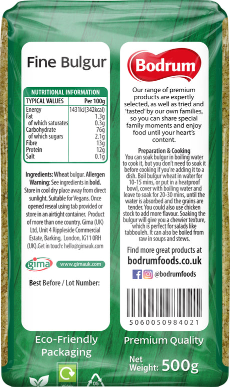 Bodrum Fine Bulgur package with nutritional information and branding details.