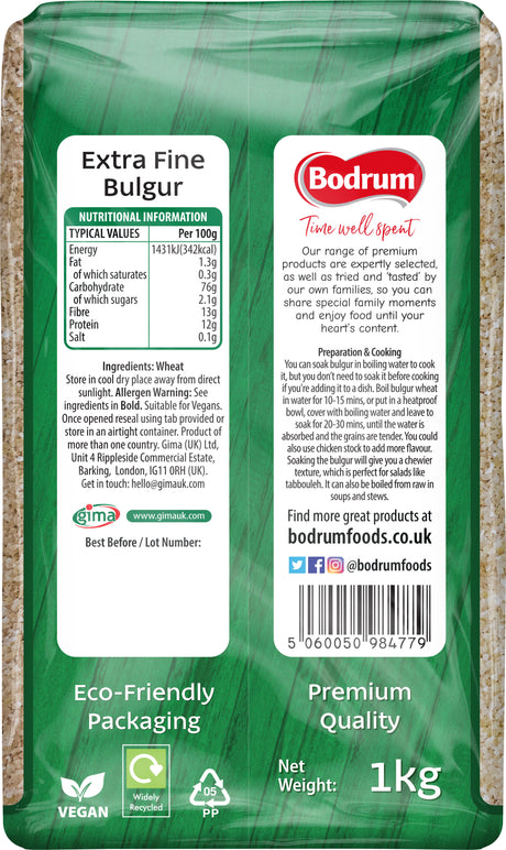Bodrum Extra Fine Bulgur package with nutritional information and branding details.