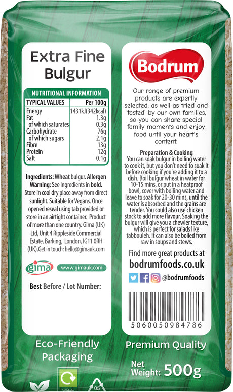 Bodrum brand extra fine bulgur package with nutritional information and branding details.