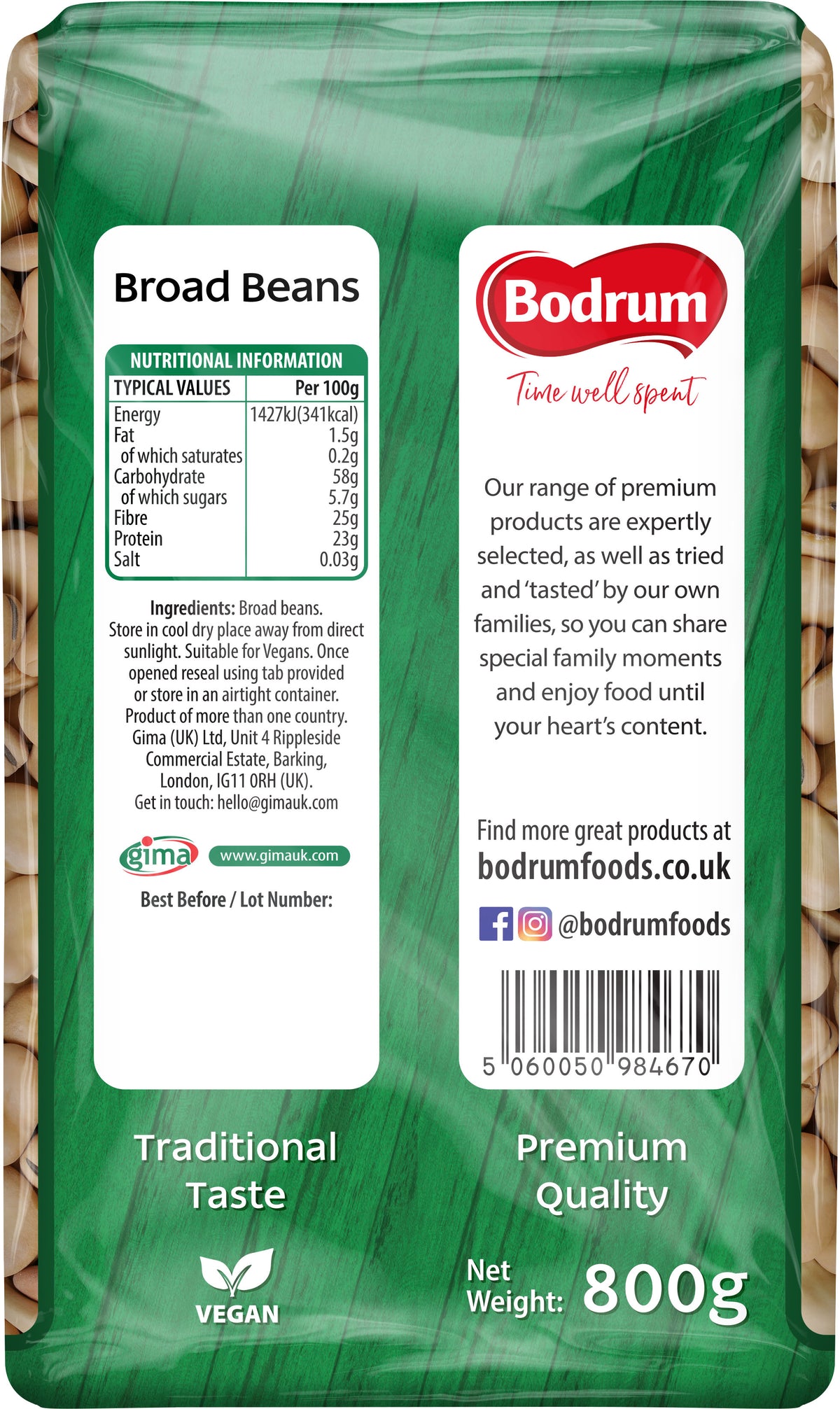 Bodrum brand packaging of broad beans with green label