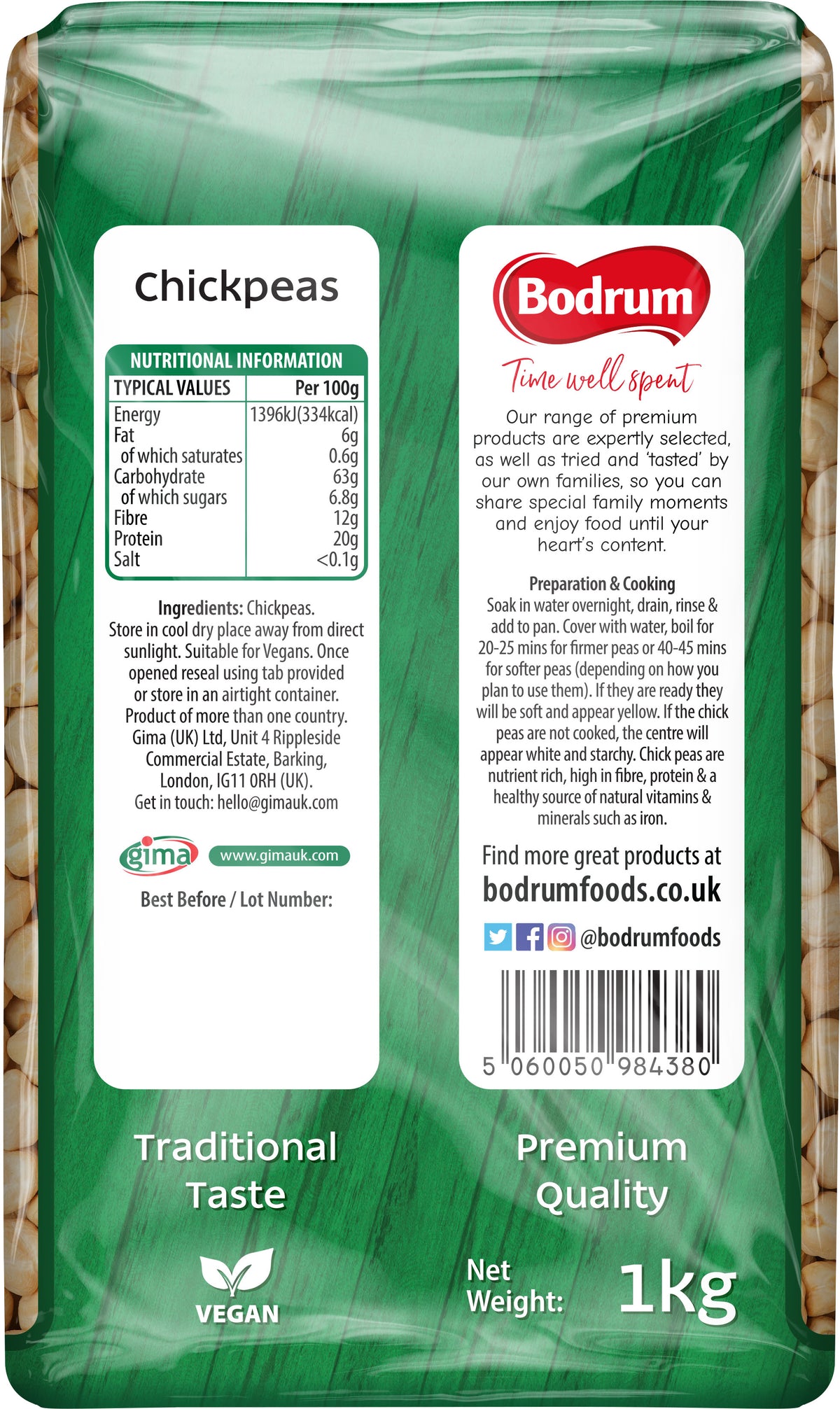 Back of a green chickpea packaging with Bodrum Foods branding and nutritional information.