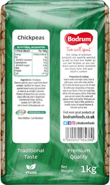 Back of a green chickpea packaging with Bodrum Foods branding and nutritional information.