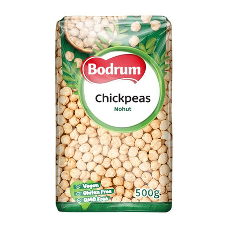 Packaging of Bodrum chickpeas with visible branding and product details.