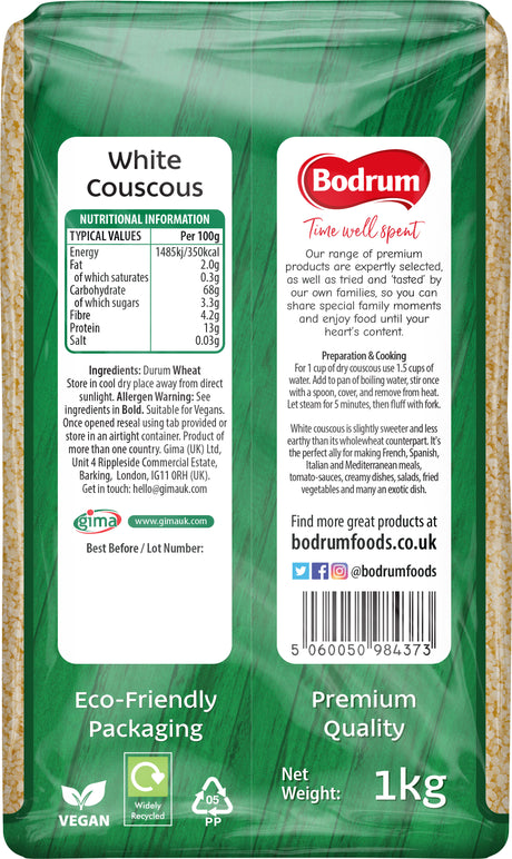 Green package of Bodrum White Couscous with nutritional information and branding details.