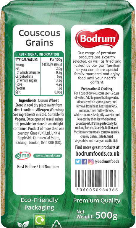 Package of Bodrum Couscous Grains with nutritional information and branding details.