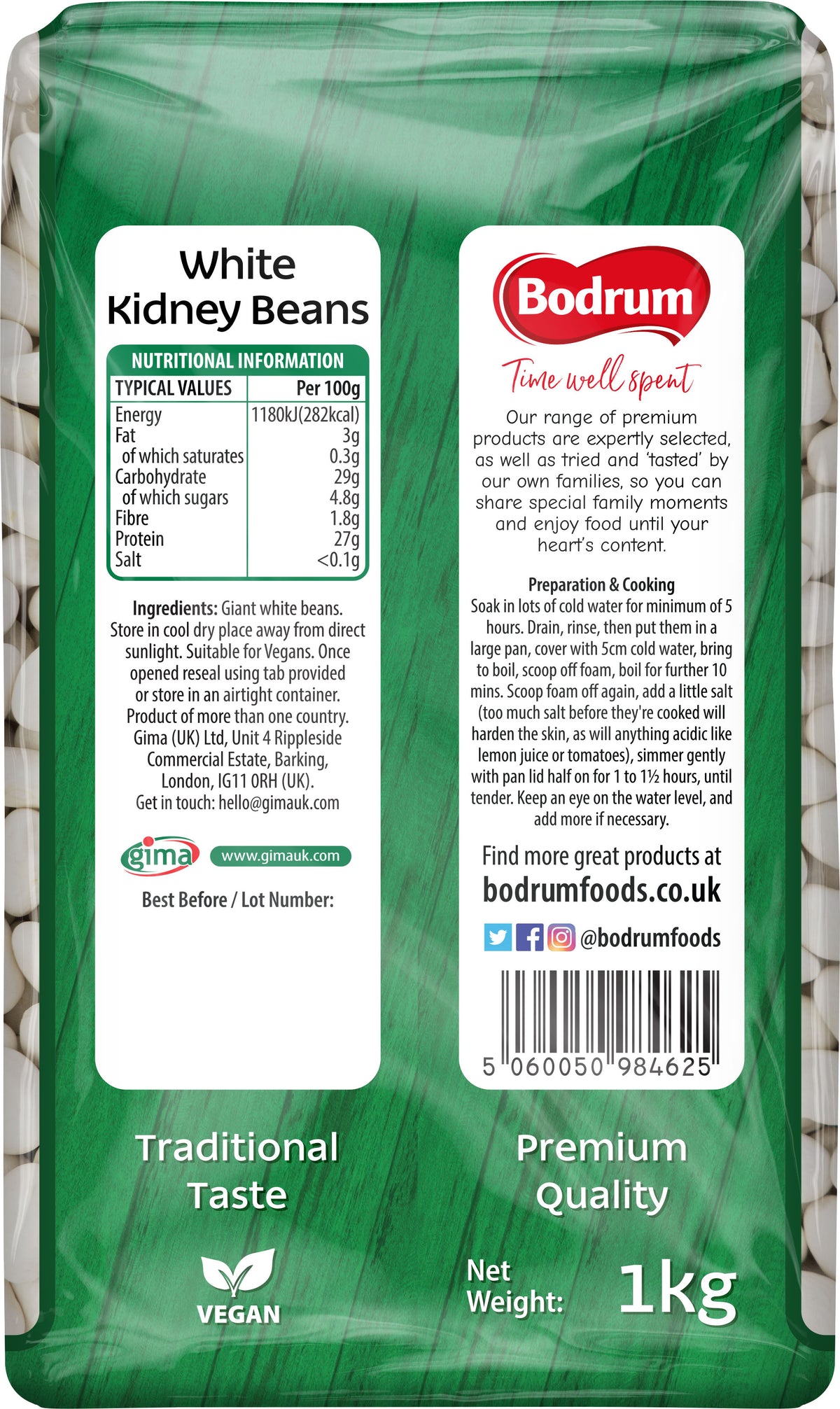Packaging of white kidney beans with Bodrum branding and nutritional information.