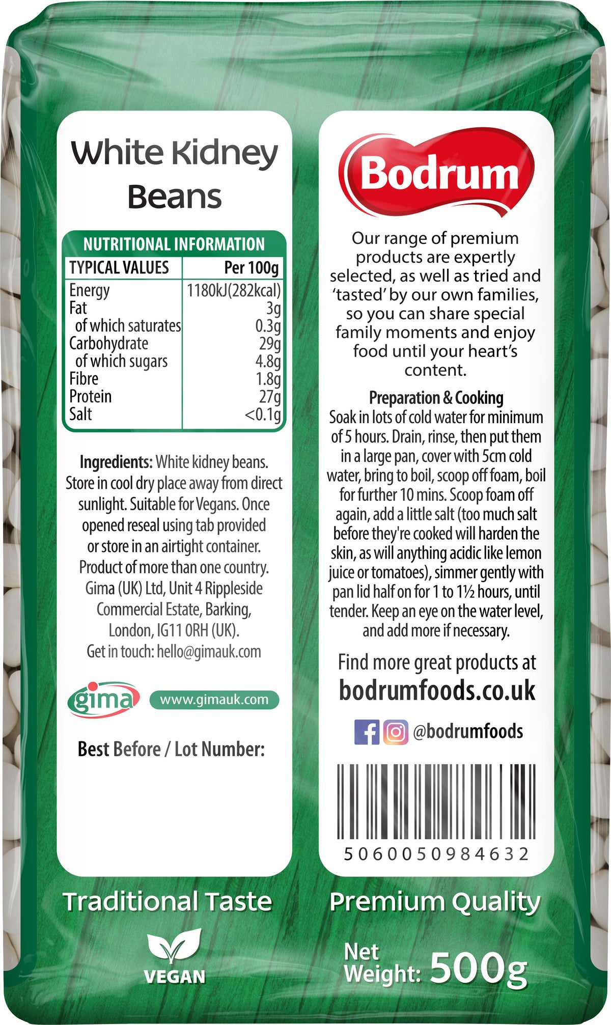 Packaging of Bodrum white kidney beans with nutritional information and branding details.