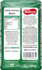 Packaging of Bodrum white kidney beans with nutritional information and branding details.