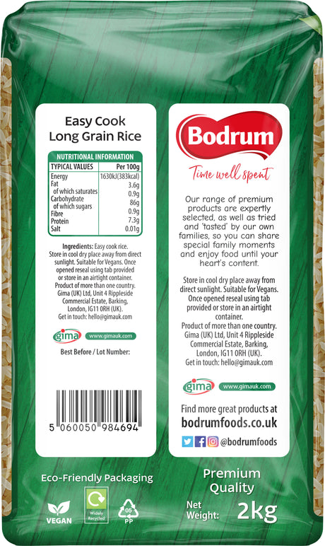 Bodrum brand long grain rice packaging with nutritional information and branding details.