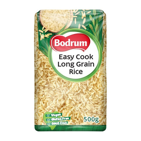 Packaging of Bodrum Easy Cook Long Grain Rice on a white background