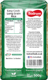 Bodrum Easy Cook Long Grain Rice packaging with nutritional information and branding details.