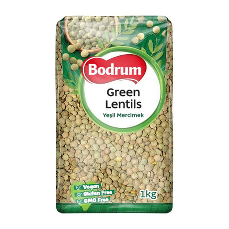 Packaging of Bodrum green lentils on a white background