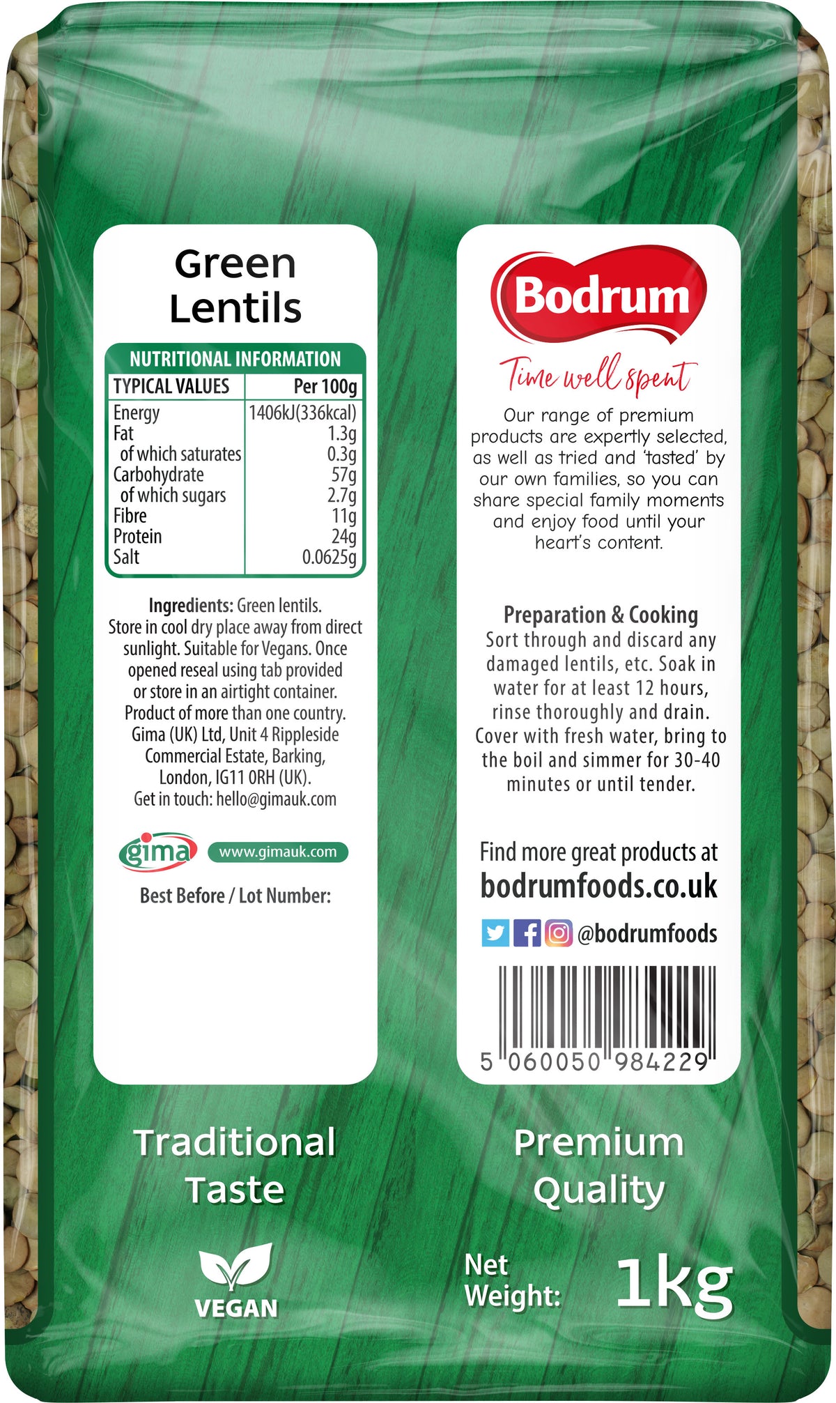Green lentils packaging with Bodrum brand label on a green background