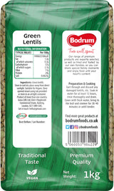 Green lentils packaging with Bodrum brand label on a green background