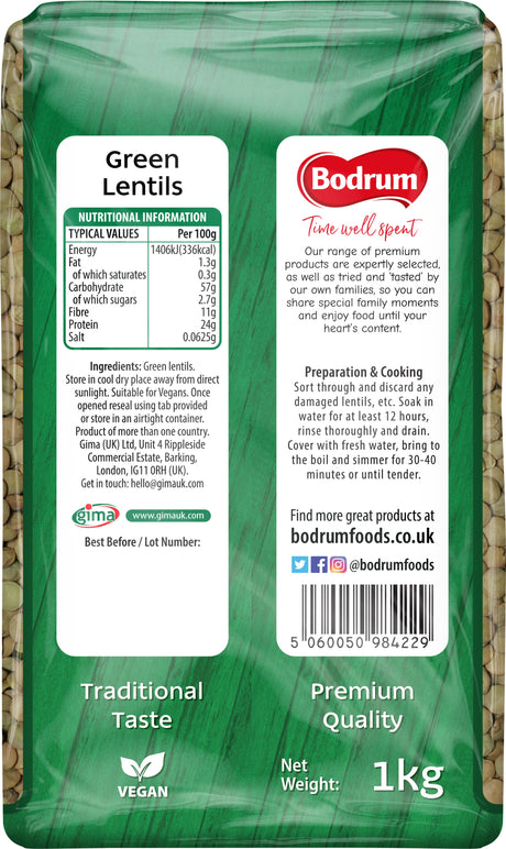 Green lentils packaging with Bodrum brand label on a green background