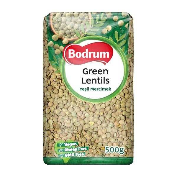 Packaging of Bodrum green lentils on a white background
