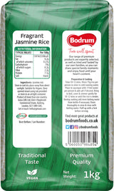 Bodrum Fragrant Jasmine Rice packaging with nutritional information and branding details.