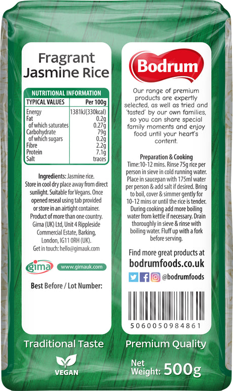 Bodrum Fragrant Jasmine Rice packaging with nutritional information and branding details.