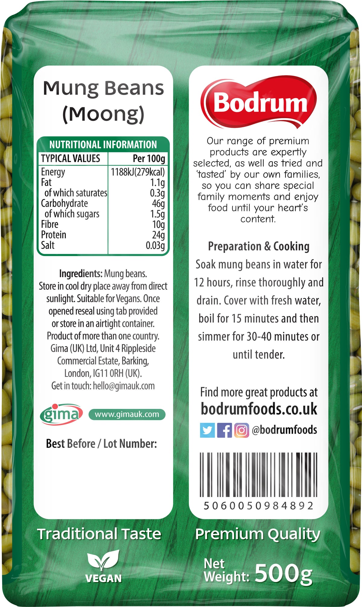 Packaging of mung beans with Bodrum brand label on a green background