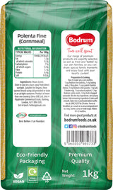 Green packaging of Bodrum Polenta Fine Cornmeal with nutritional information and branding details.