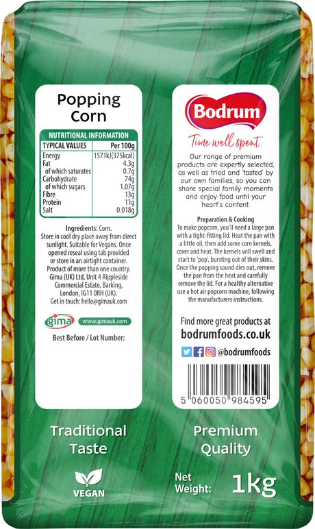 Bodrum popping corn packaging with nutritional information and branding details.
