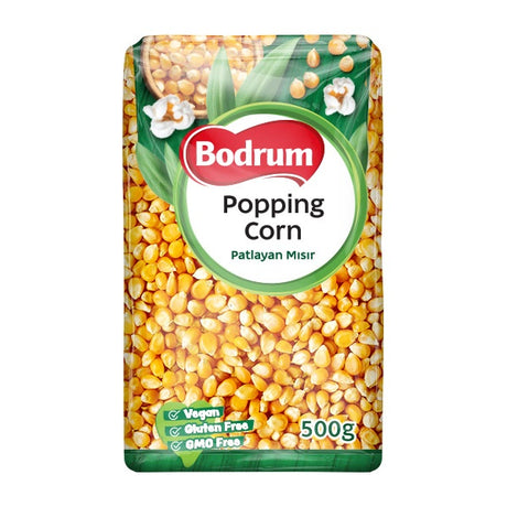 Packaging of Bodrum Popping Corn with visible branding and product details.