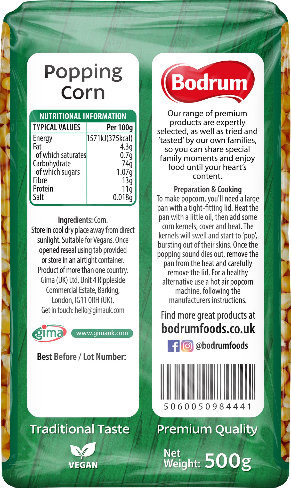 Bodrum brand popping corn packaging with nutritional information and branding details.
