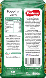 Bodrum brand popping corn packaging with nutritional information and branding details.