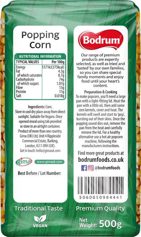 Bodrum brand popping corn packaging with nutritional information and branding details.