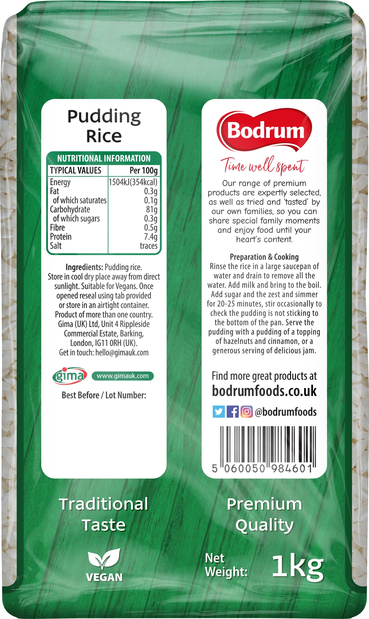 Bodrum Pudding Rice packaging with green and white design