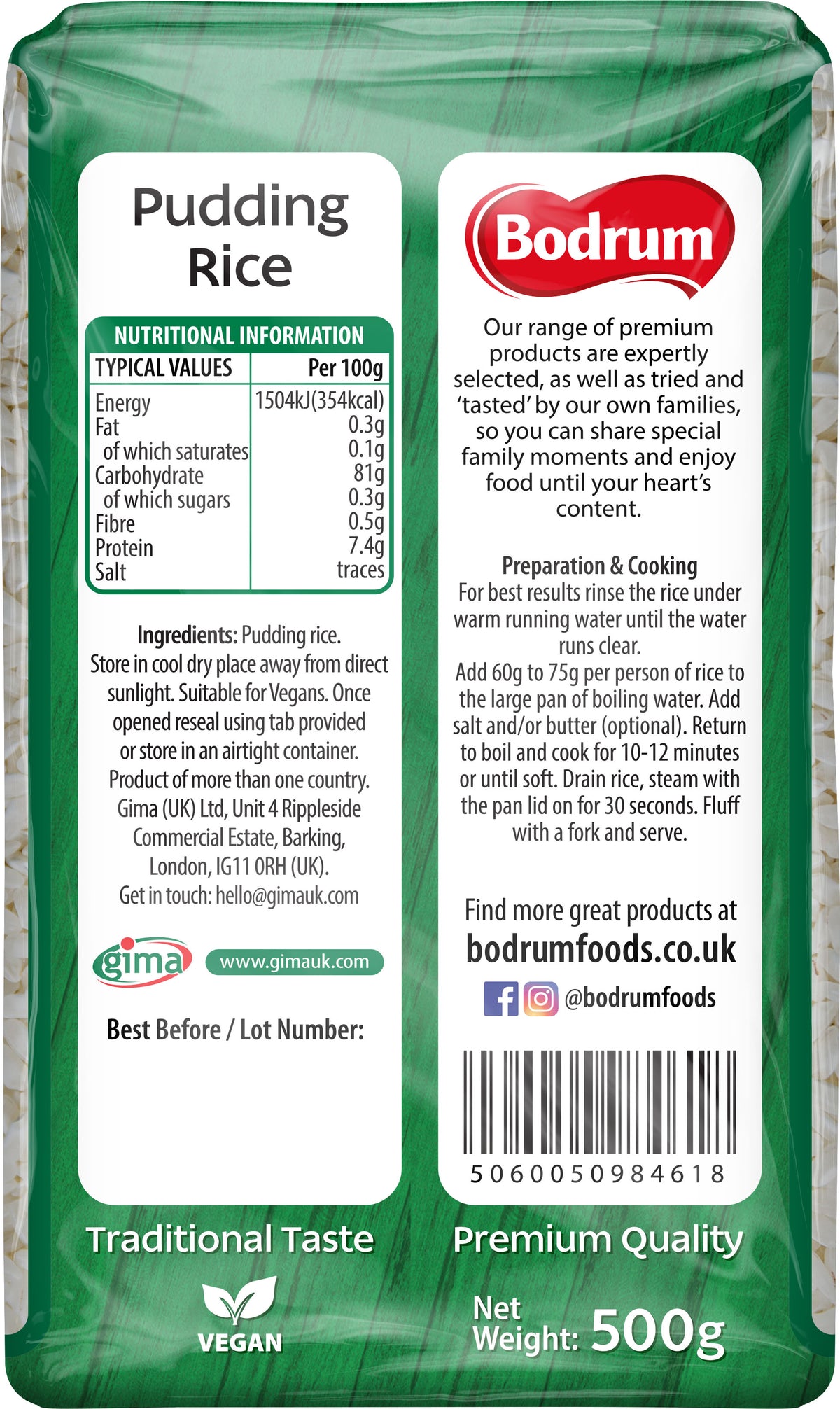 Bodrum Pudding Rice package with nutritional information and branding details.