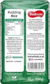 Bodrum Pudding Rice package with nutritional information and branding details.