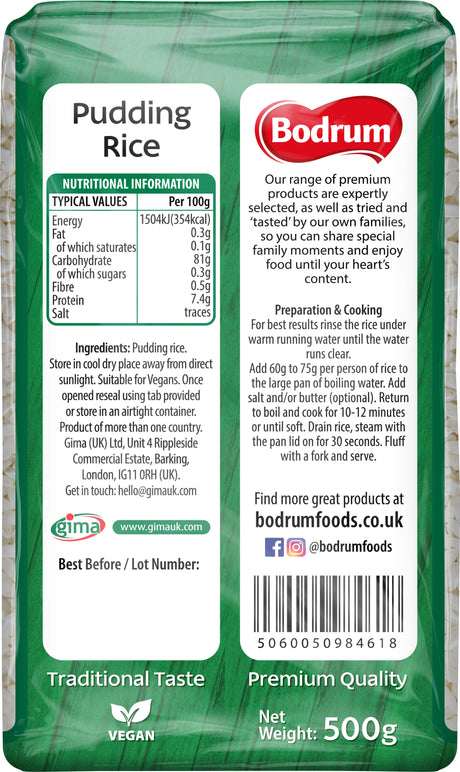 Bodrum Pudding Rice package with nutritional information and branding details.