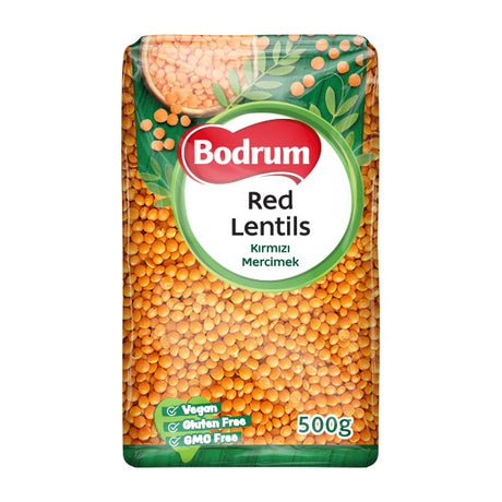 Bodrum red lentils packaging on a white background