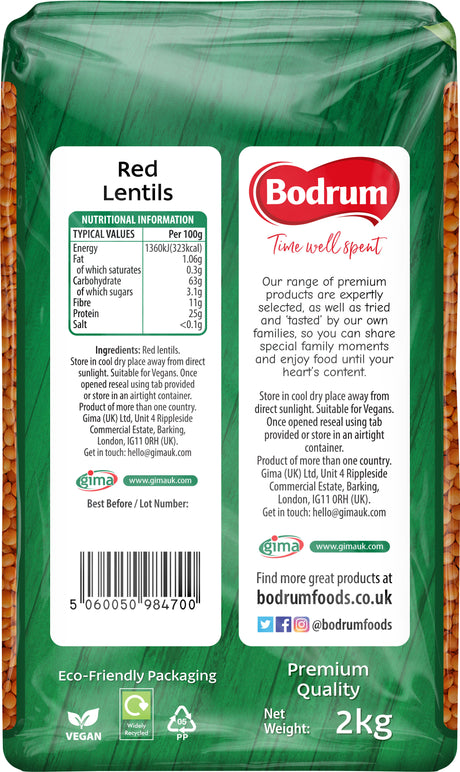Back of a green packaging for Red Lentils with Bodrum branding and product details.