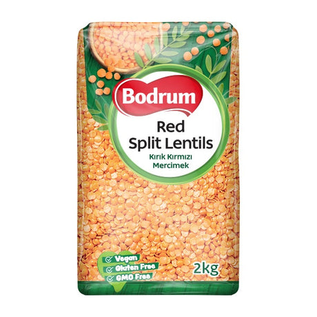 Packaging of Bodrum Red Split Lentils on a white background