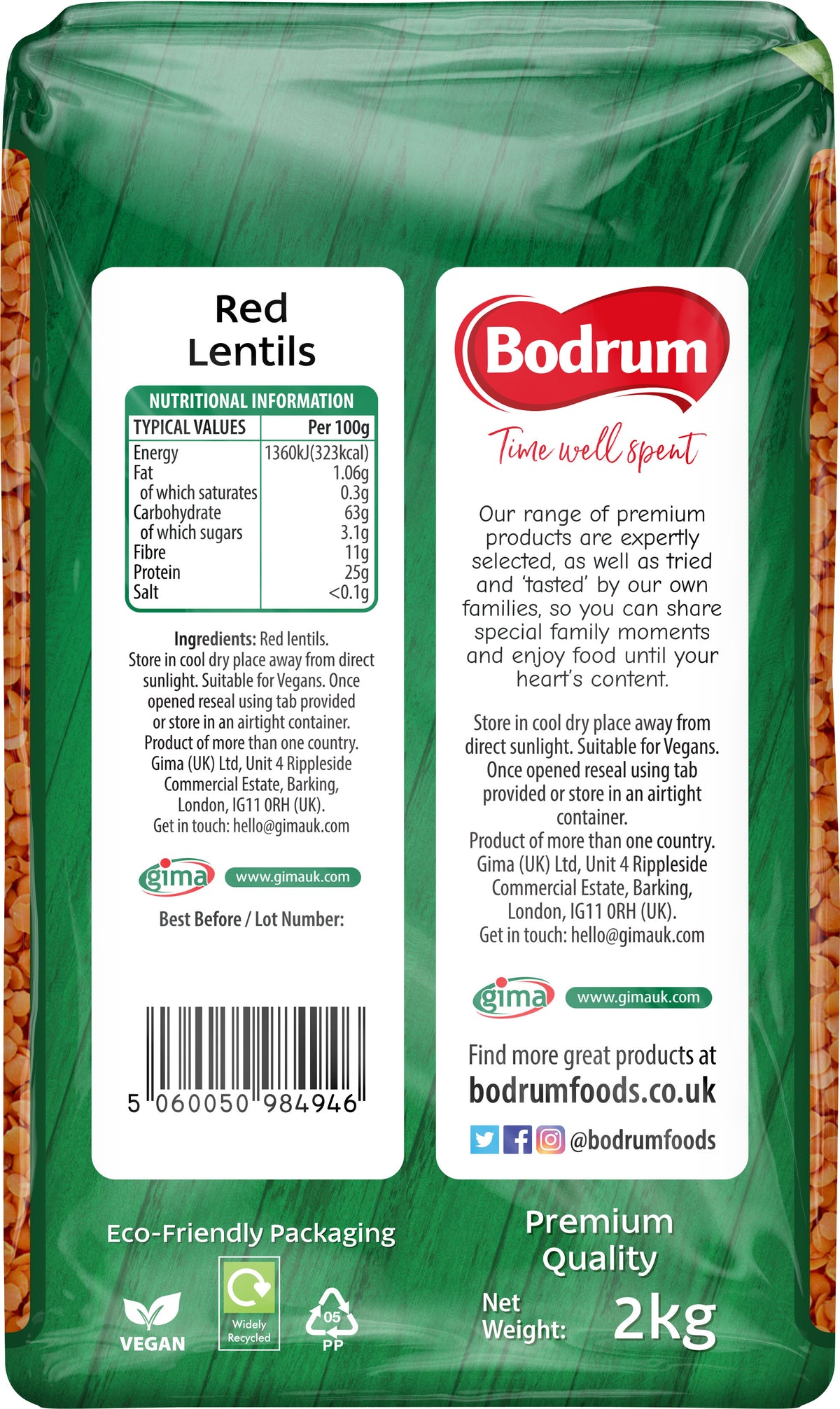 Back of a green packaging for Red Lentils with Bodrum branding