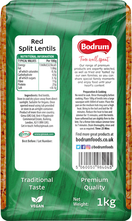 Packaging of Red Split Lentils with Bodrum brand label on a green background