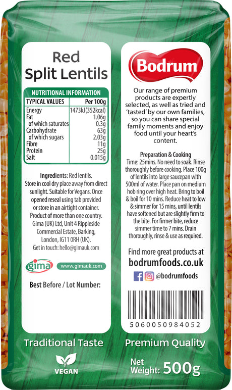 Packaging of Bodrum Red Split Lentils with nutritional information and branding details.