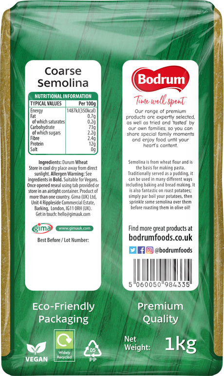 Back of a green packaging for Bodrum Coarse Semolina with text and branding.
