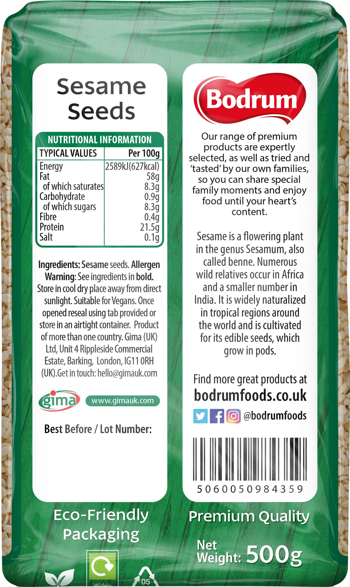 Packaging of Bodrum Sesame Seeds with nutritional information and branding details.