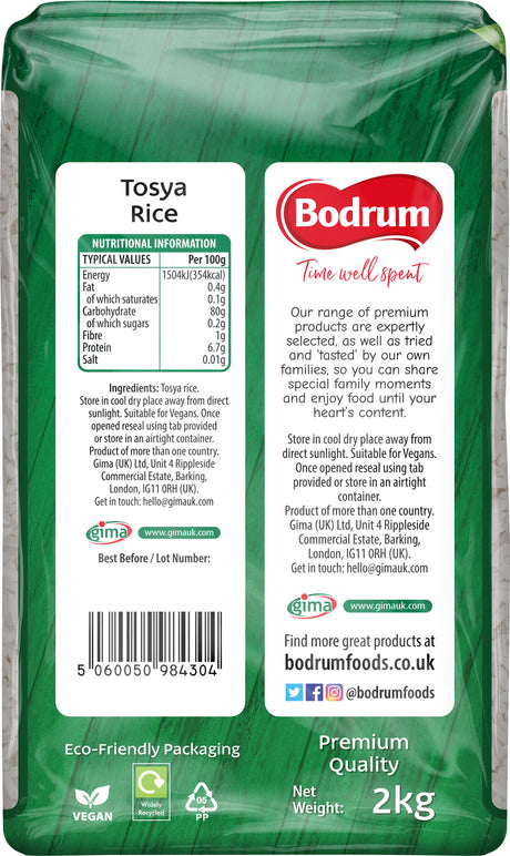 Green rice packaging with Bodrum branding and nutritional information label.