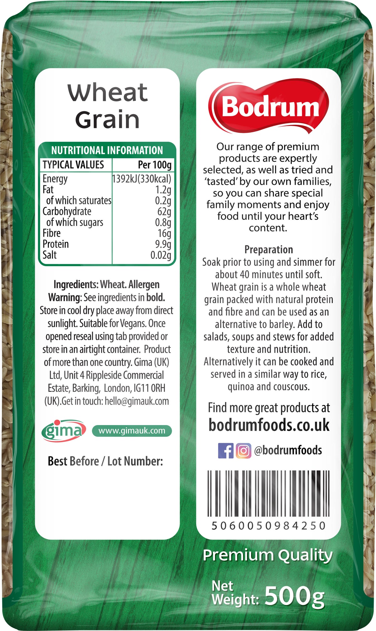Bodrum brand wheat grain packaging with nutritional information and branding details.