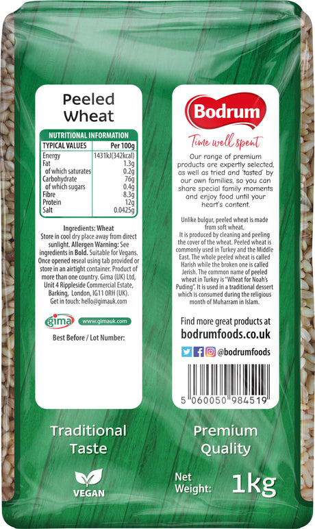 Package of Bodrum Peeled Wheat with green background