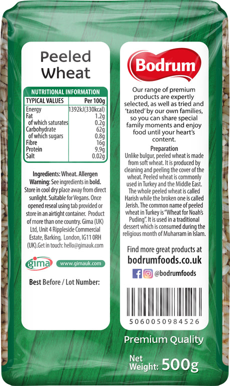 Bodrum brand peeled wheat packaging with nutritional information and branding details.