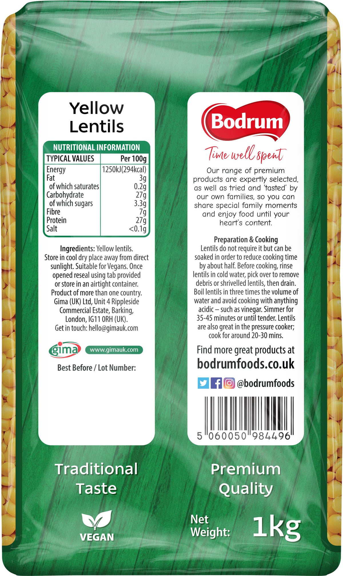 Packaging of yellow lentils with Bodrum Foods branding and nutritional information.