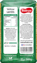 Bodrum brand yellow lentils packaging with nutritional information and branding details.