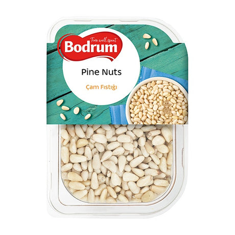 Packaging of Bodrum pine nuts with a clear container on a white background